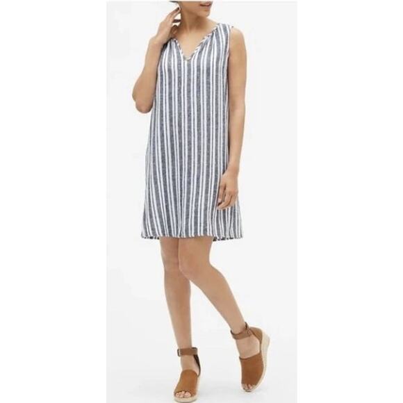 Gap Split Neck Sleeveless Shift Dress Stripe Linen Blend Small Blue White - Picture 1 of 8